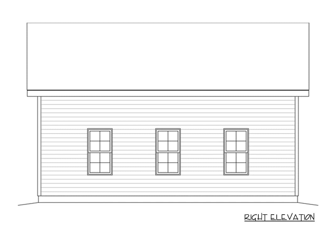 Right elevation house plan drawing shows a clapboard siding exterior with three double-hung windows.