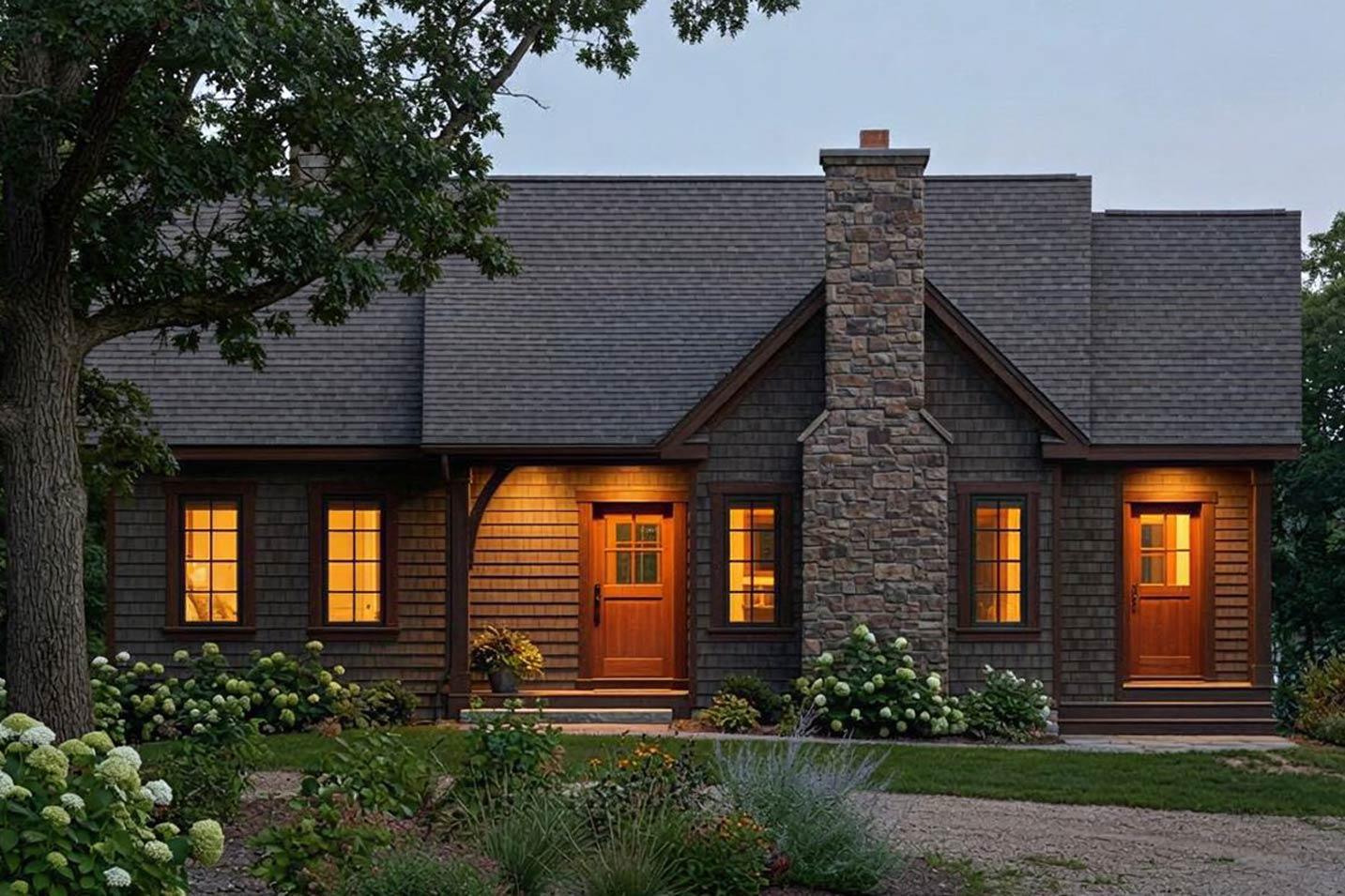 House plan exterior: Craftsman style, one story, with stone chimney, wood siding, and entry porch.