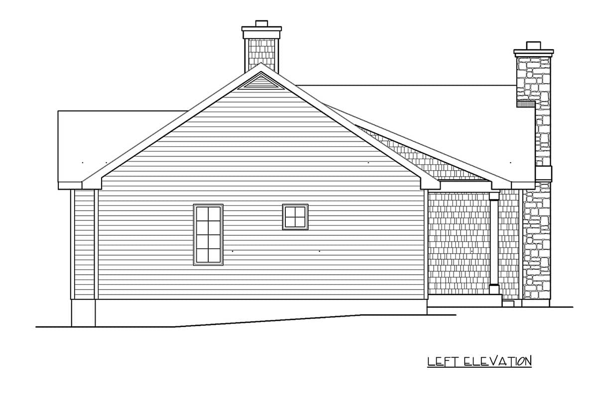 Left elevation house plan shows a single-story structure with horizontal siding, a prominent gable, two windows, and a stone chimney.