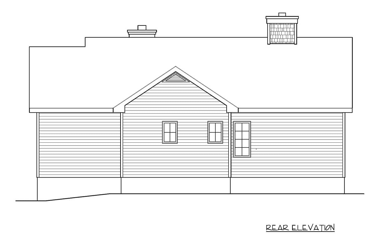 Rear elevation drawing of a house with horizontal siding, a gabled dormer, two windows, and two chimneys.