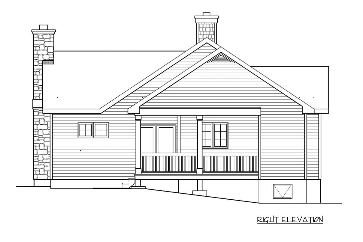 Right elevation of a house plan featuring a gabled roof, stone chimney, and a covered porch with square columns.