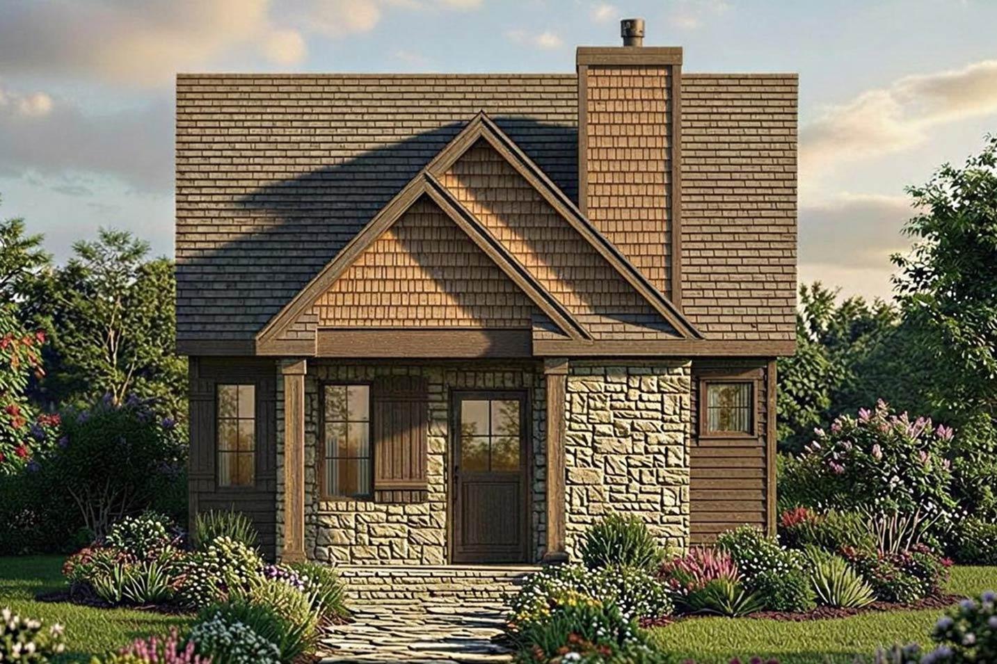 House plan exterior: Gable roof, stone facade, wood siding, chimney, and a covered entry with timber posts.