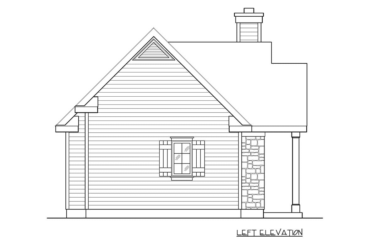 House plan left elevation with gable end, stone column base, and chimney.