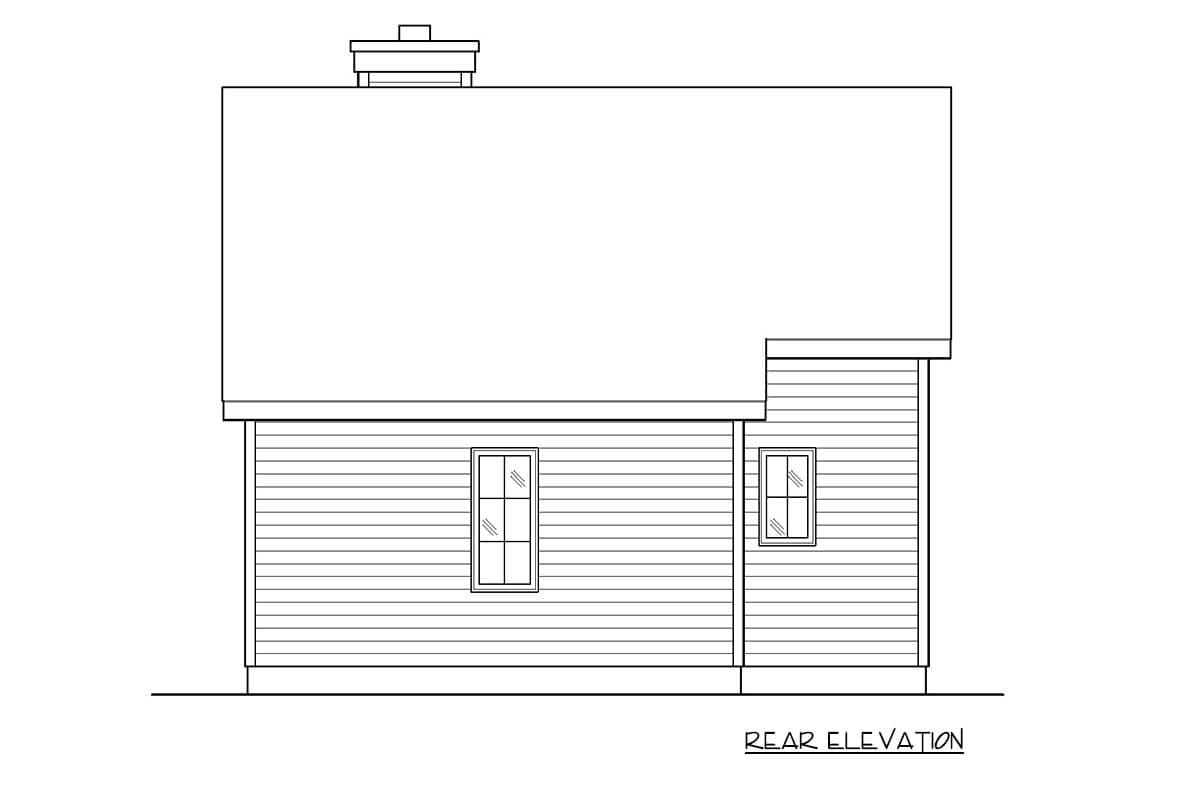 Rear elevation drawing of a house plan with horizontal siding, a hip roof, and two windows.