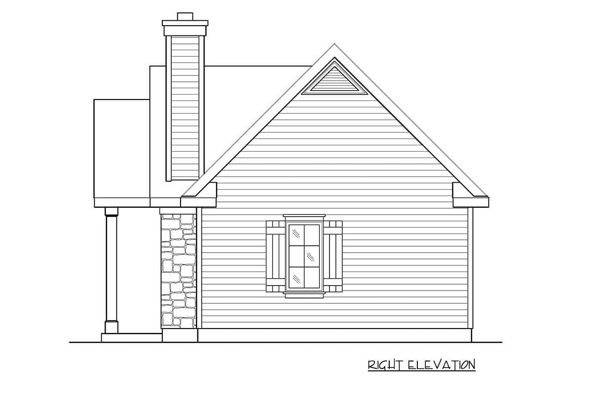 Right elevation house plan with stone base, clapboard siding, gable vent, chimney, and columned porch.
