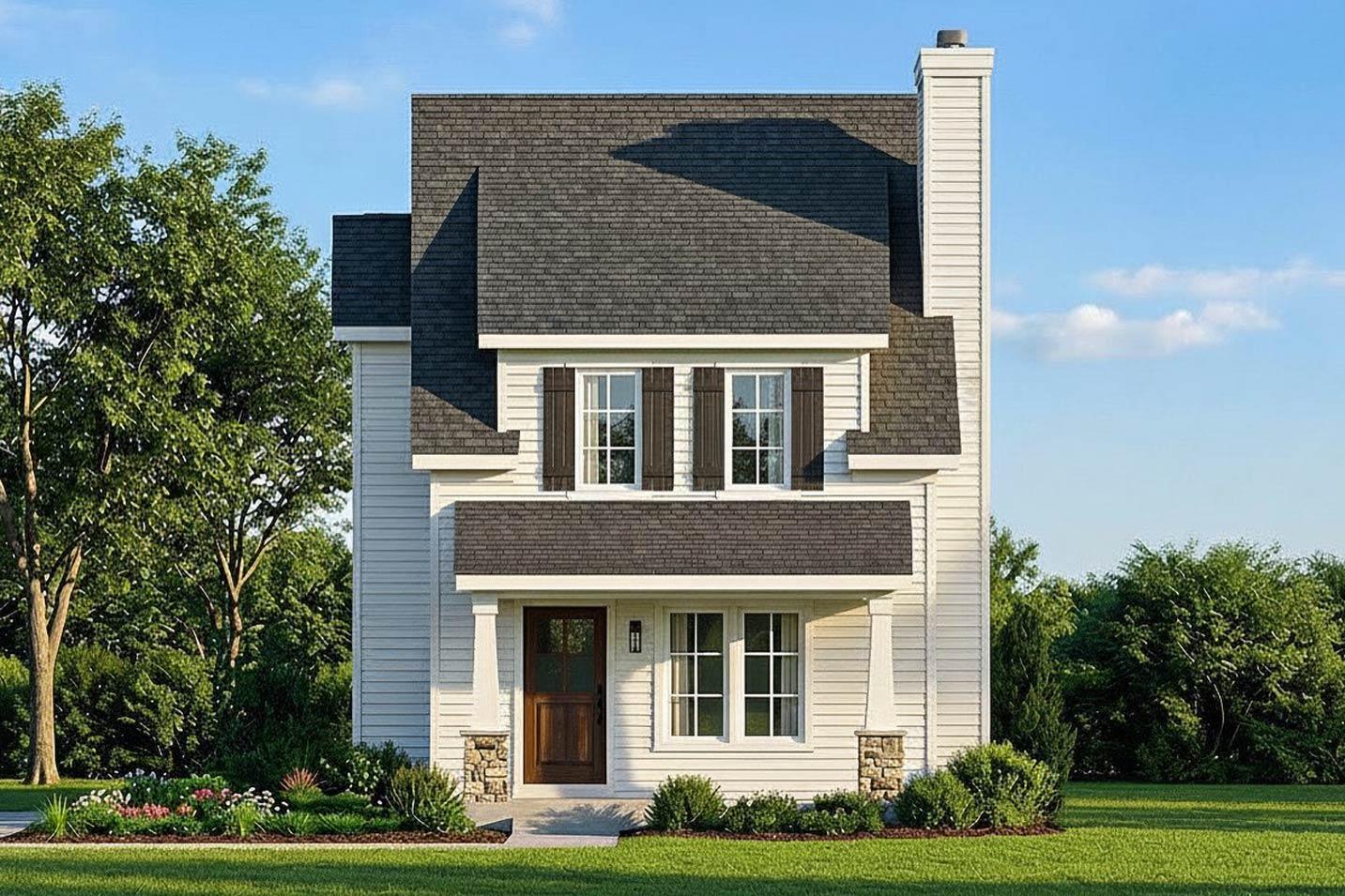 Two-story house plan exterior with a covered entry porch, multi-level gables, and a prominent stone-accented chimney.