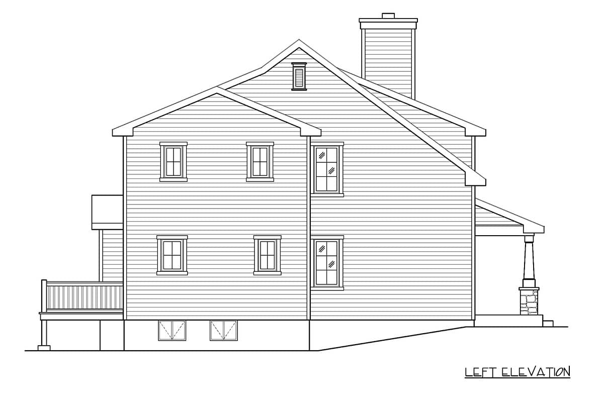 Left elevation house plan with siding, multiple windows, deck, porch, and chimney.