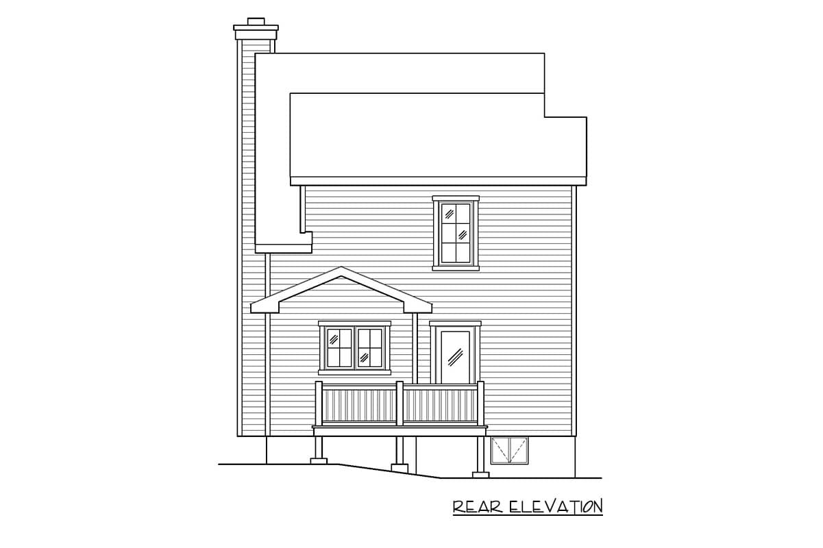 Rear elevation house plan shows a two-story structure with horizontal siding, a chimney, a gable-roofed porch, and a rear door.
