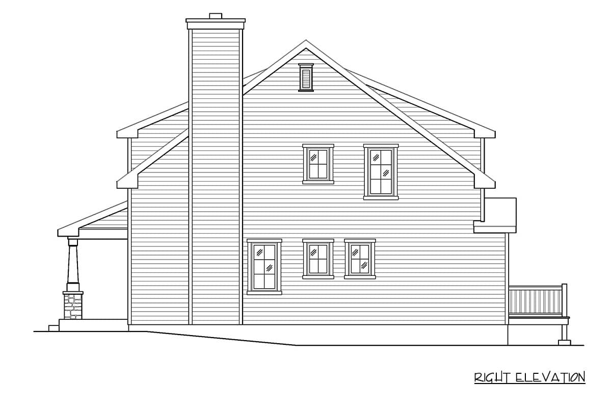 Right elevation house plan drawing with prominent chimney, multi-pane windows, covered porch, and deck.