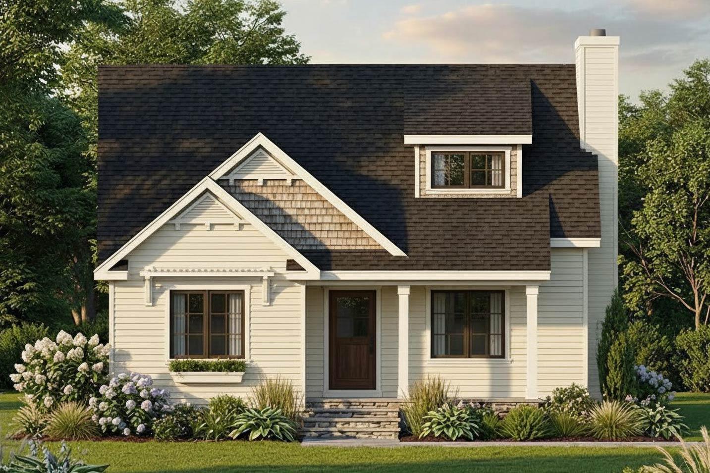 Craftsman house plan exterior with a front-facing gable, cedar shake siding, a dormer, and a covered entry.