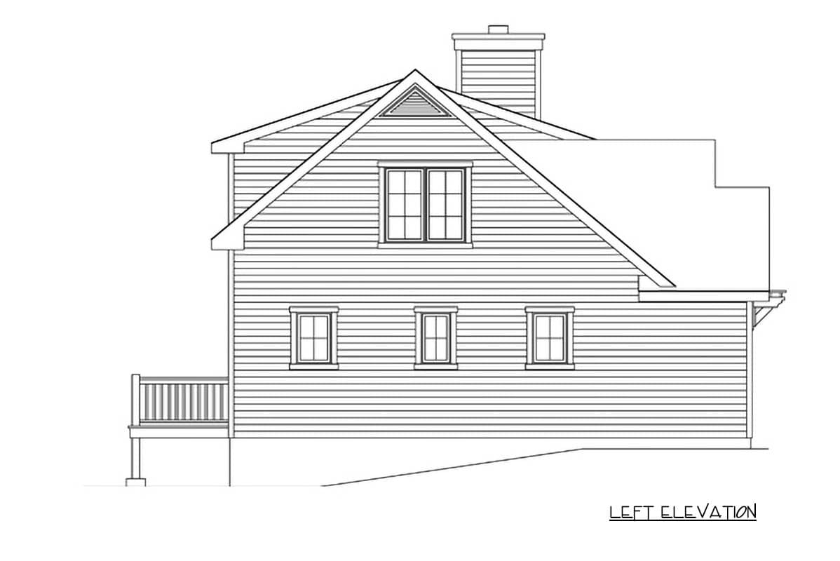 Left elevation drawing of a house plan featuring a gambrel roof, dormer, chimney, and deck.