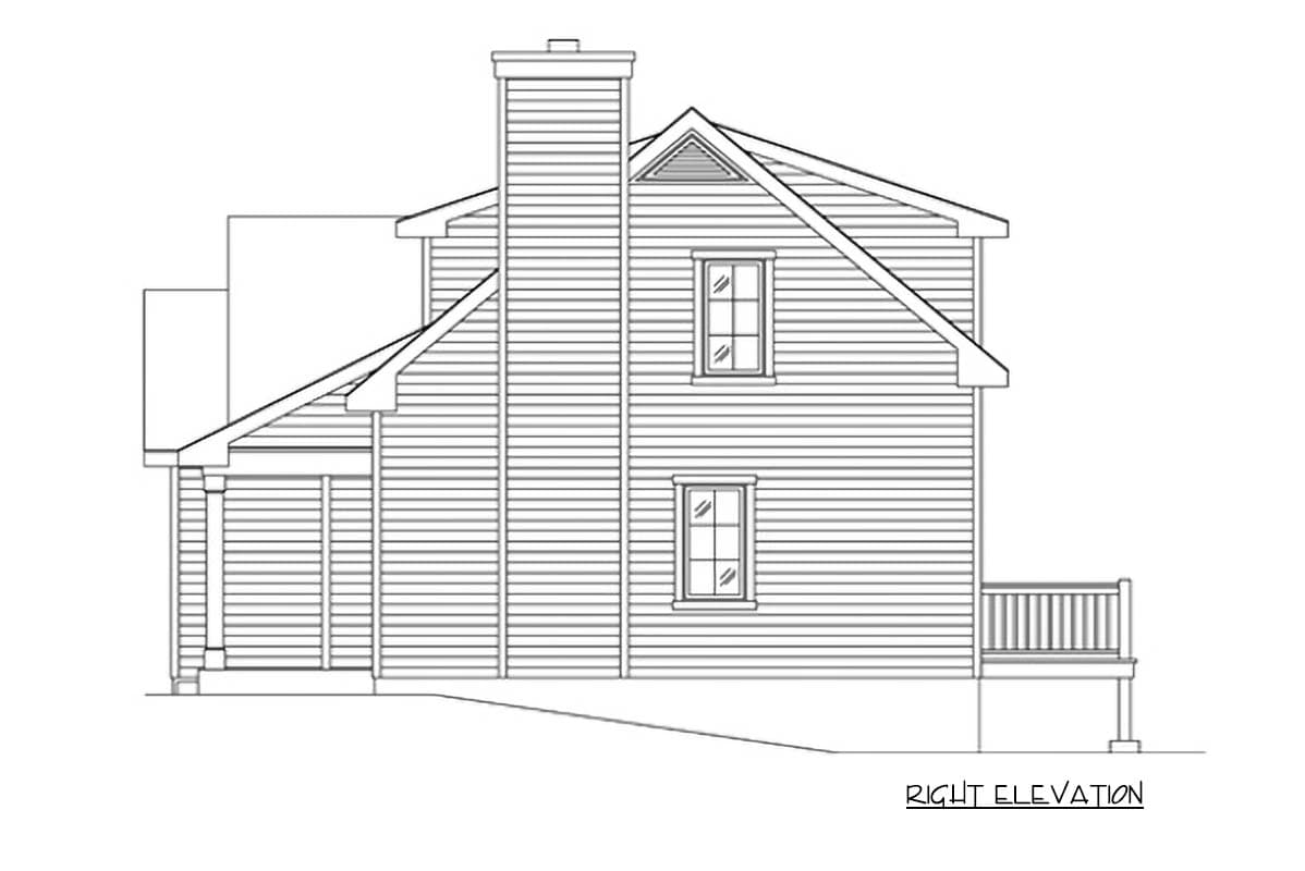 Right elevation house plan showing a gabled roof, tall chimney, two windows, and a deck.
