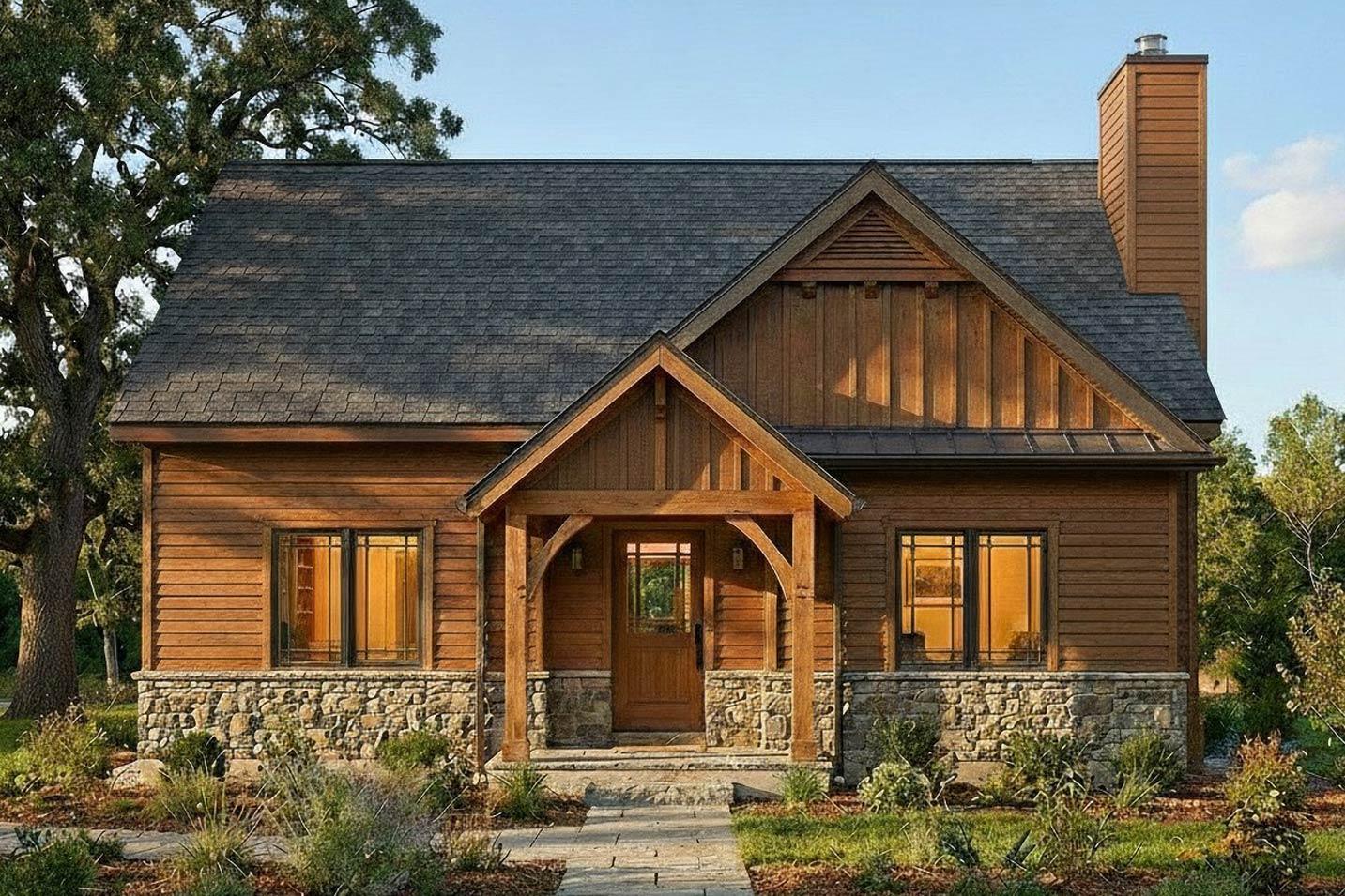 House plan exterior: Craftsman style, two stories, stone base, wood siding, covered entry porch, gable, and chimney.