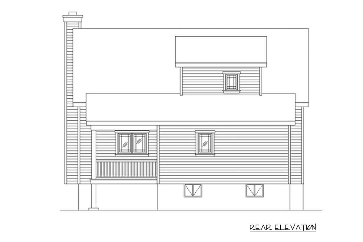 Rear elevation drawing of a two-story house plan featuring a prominent chimney, gabled dormer, and covered porch.