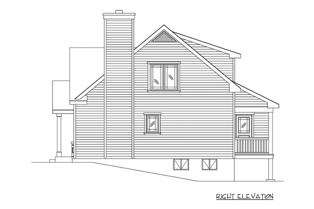 Right elevation house plan showing a large chimney, multiple windows, and a covered porch.