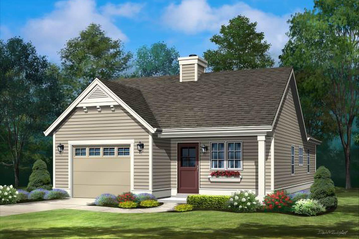 House plan exterior: Ranch style with a gable, single-car garage, and front entrance with a window box.