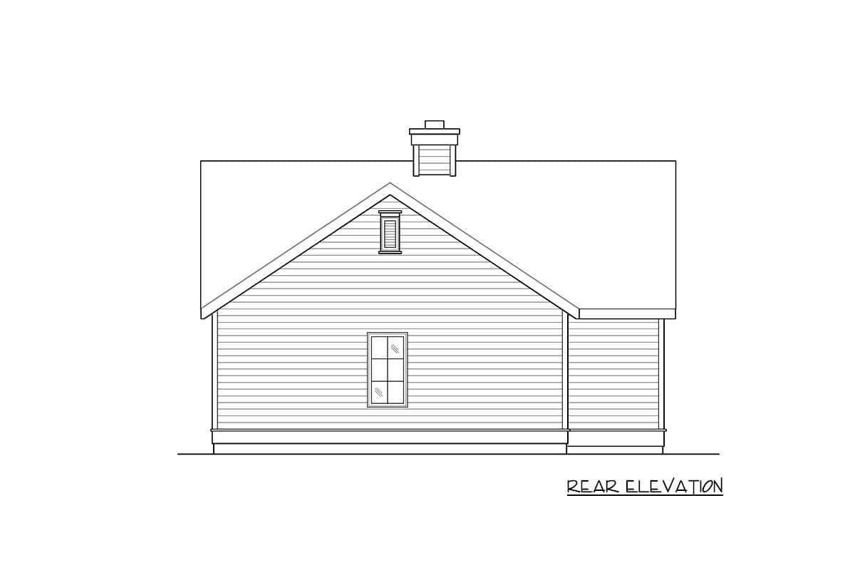 Rear elevation drawing of a house plan with clapboard siding, a gable dormer, a window, and a chimney.