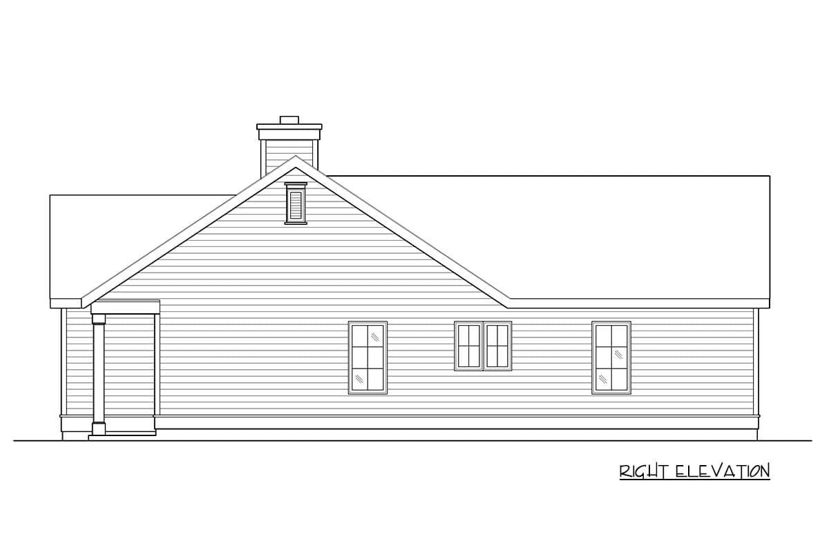 Right elevation house plan showing a gable dormer, chimney, covered porch, and horizontal siding.