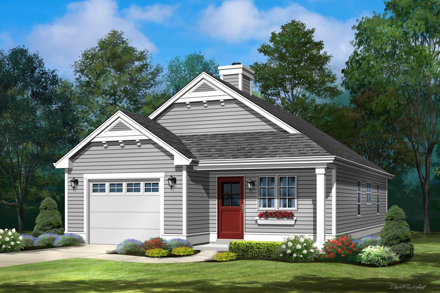 House plan exterior: One-story Modern Farmhouse with attached garage, gable roof, and covered entry.