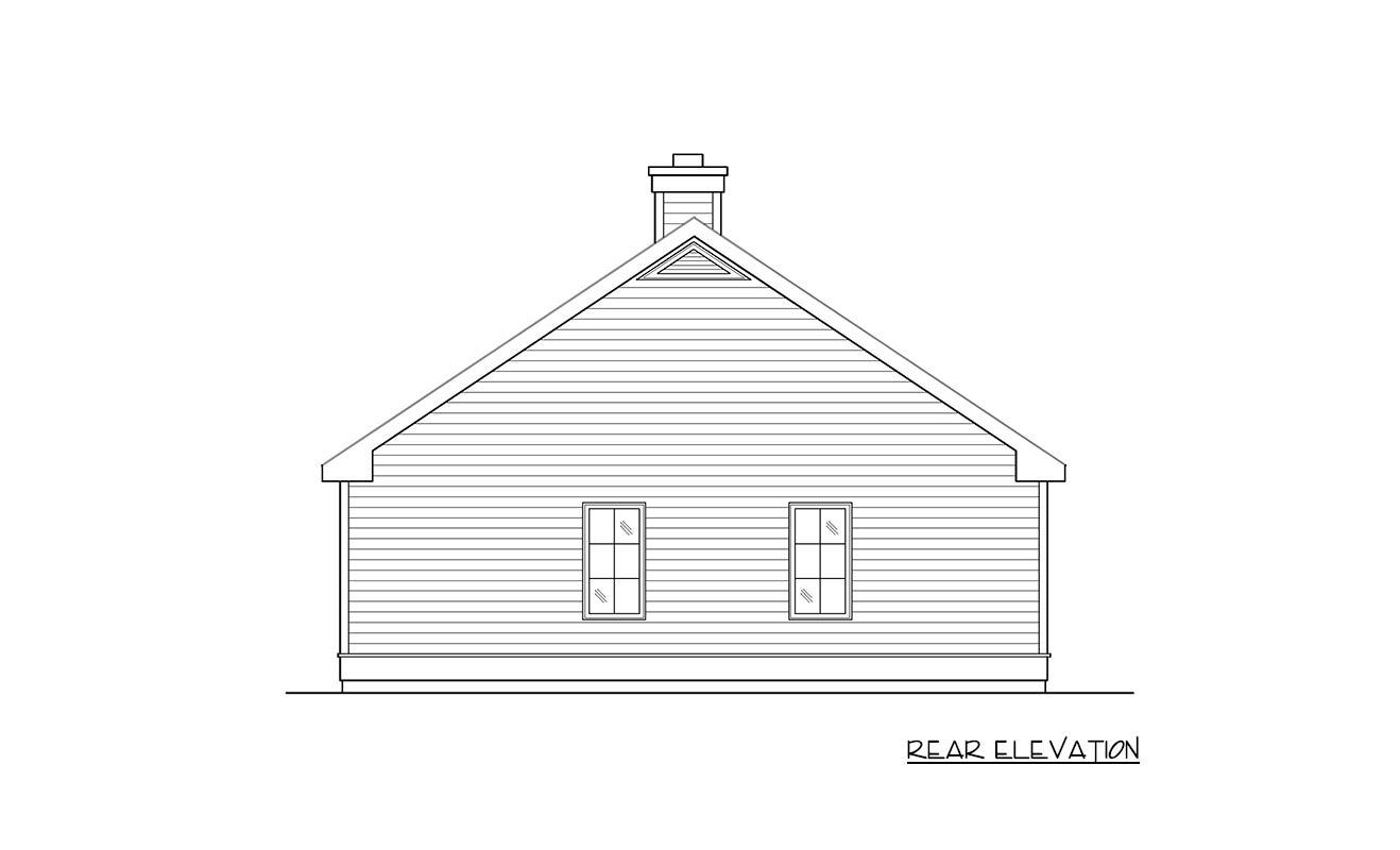 Rear elevation drawing of a house plan with a prominent gable roof, clapboard siding, two windows, and a chimney.