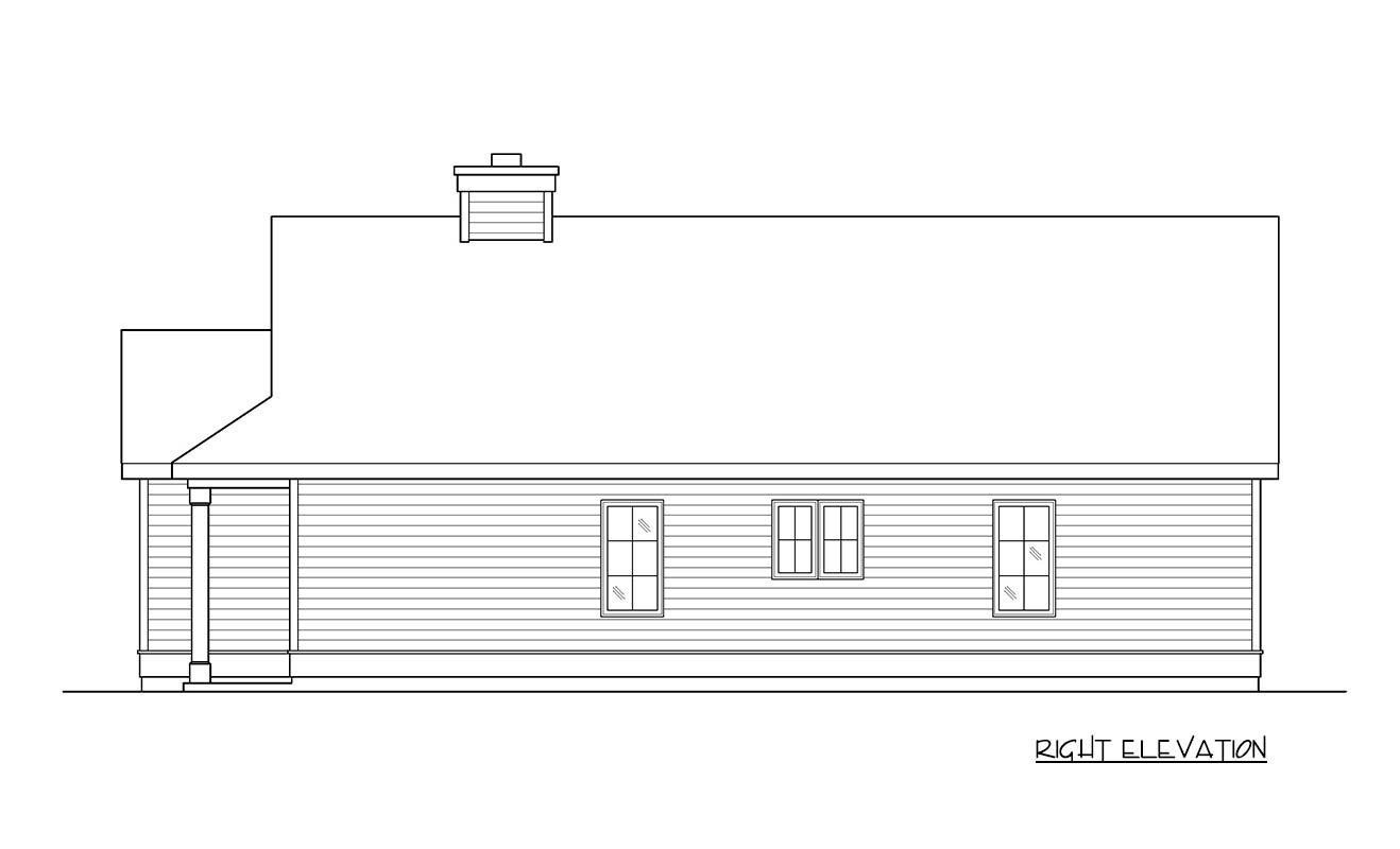 Right elevation drawing of a house plan featuring a hip roof, chimney, porch column, and three windows.