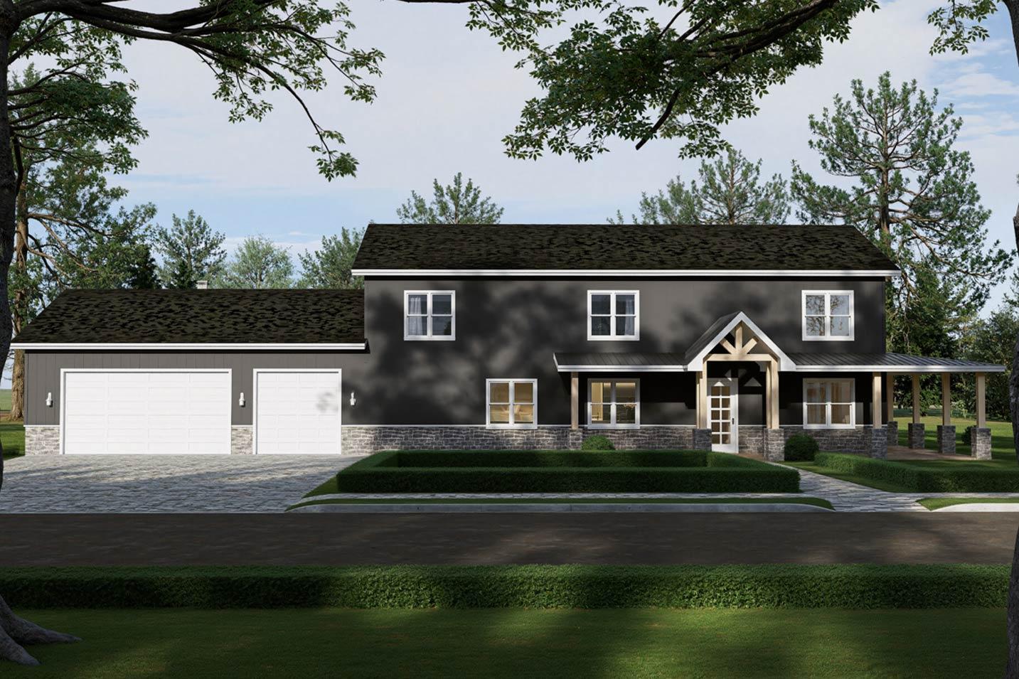 House plan exterior: Two-story Modern Farmhouse with attached three-car garage, stone base, and covered front porch with stone pillars.