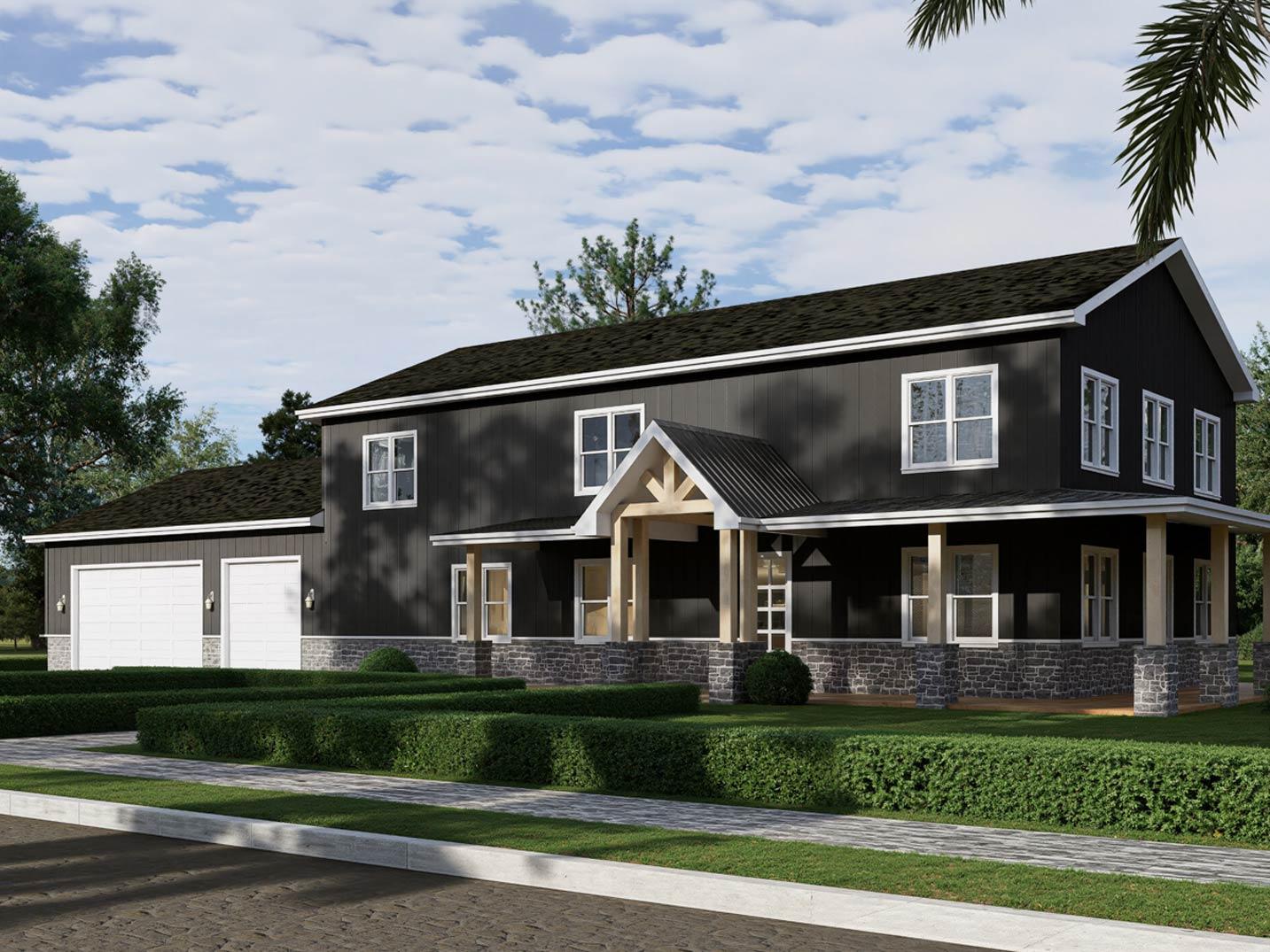 Plan 850025PKE: 5-Bedroom Barndominium House Plan with 3-Car Garage and Wrap-Around Porch - Image #2 - Barndominium