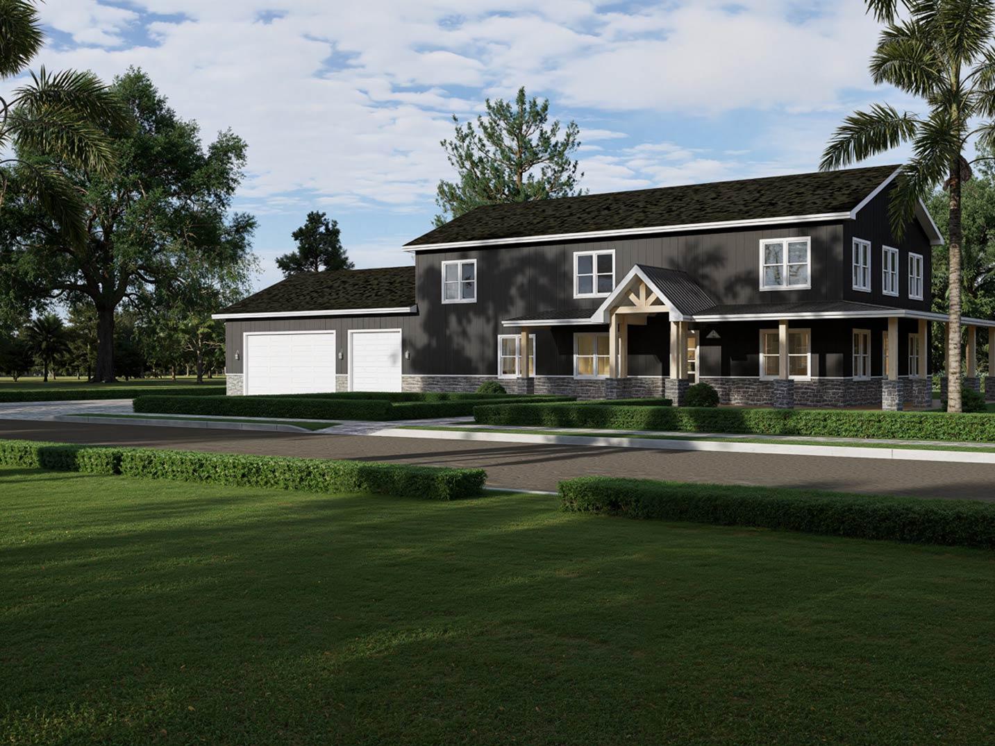 House plan exterior: two-story Modern Farmhouse with a covered front porch, stone base, and attached three-car garage.