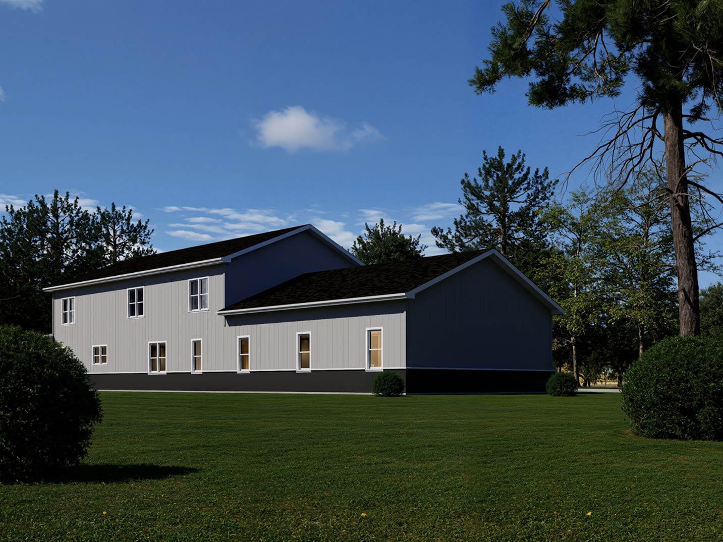 Two-story house plan exterior with intersecting gables, gray siding, and a dark roof, set against a grassy yard and trees.