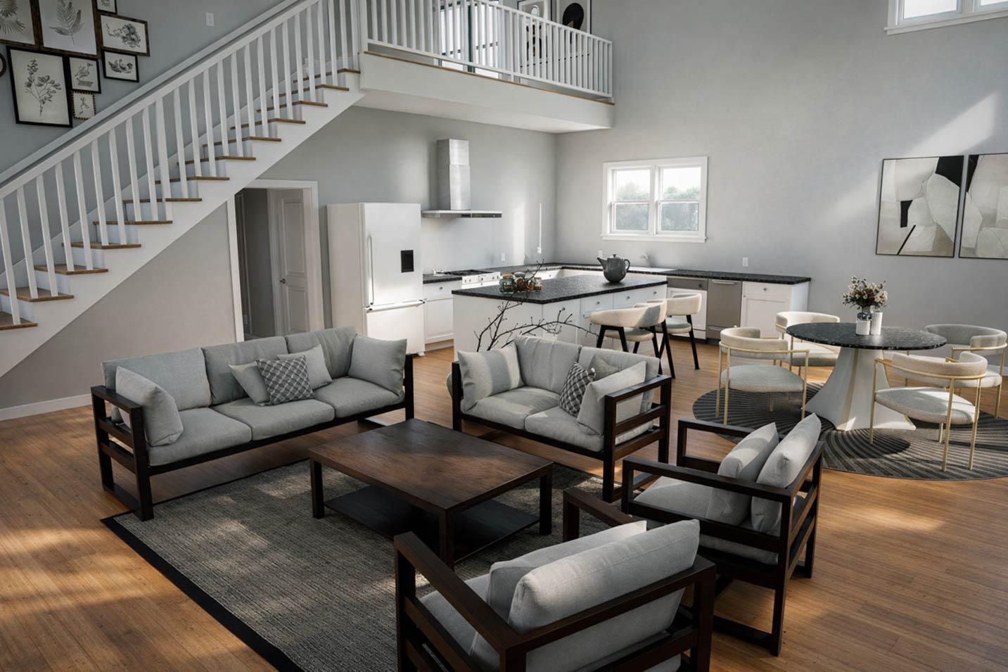 Open-concept living area with L-shaped sofa, armchairs, kitchen island with bar stools, and dining nook.