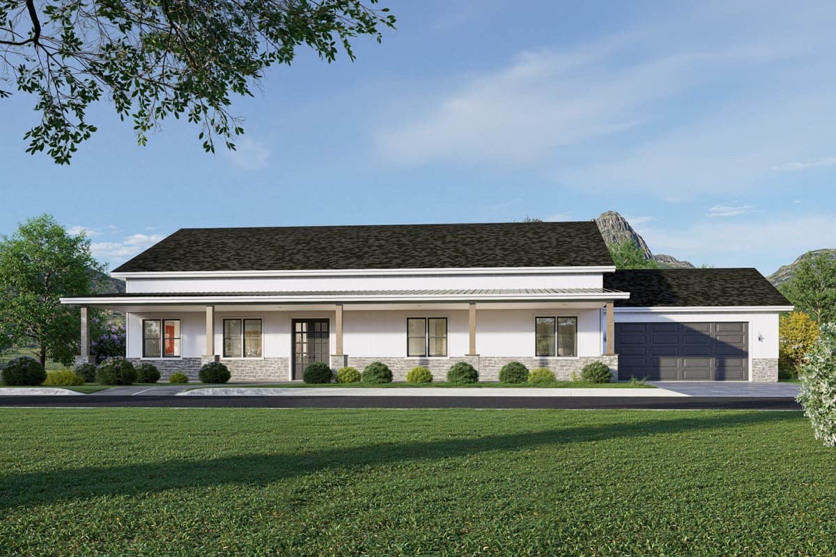 House plan exterior: Ranch style, single story with covered front porch, stone accents, and attached two-car garage.