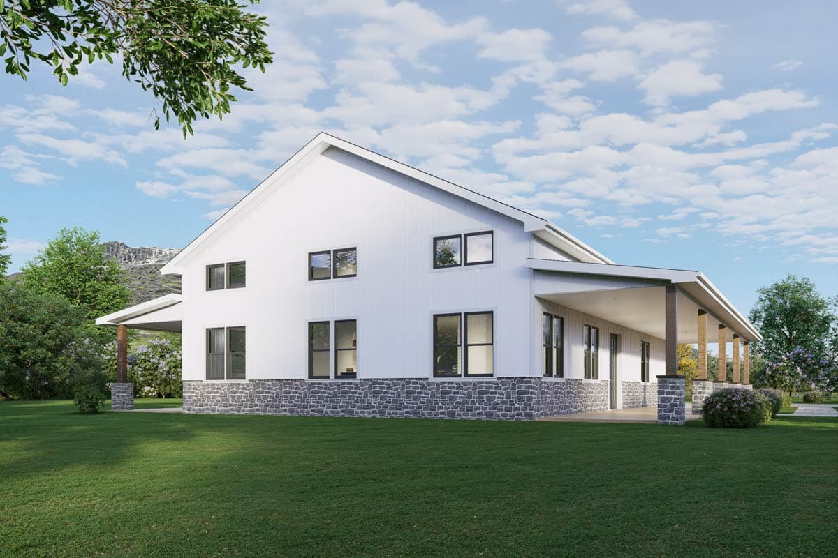 Modern Farmhouse house plan exterior with stone foundation, prominent gable, and covered porch with stone pillars.