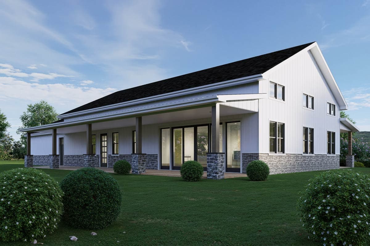 Modern Farmhouse house plan exterior with a long covered porch, stone foundation, board and batten siding, and gabled rooflines.