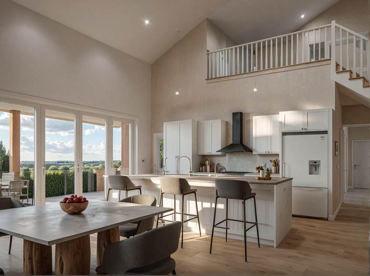 Open-plan living area with vaulted ceiling, kitchen island, and large glass doors overlooking a landscape.