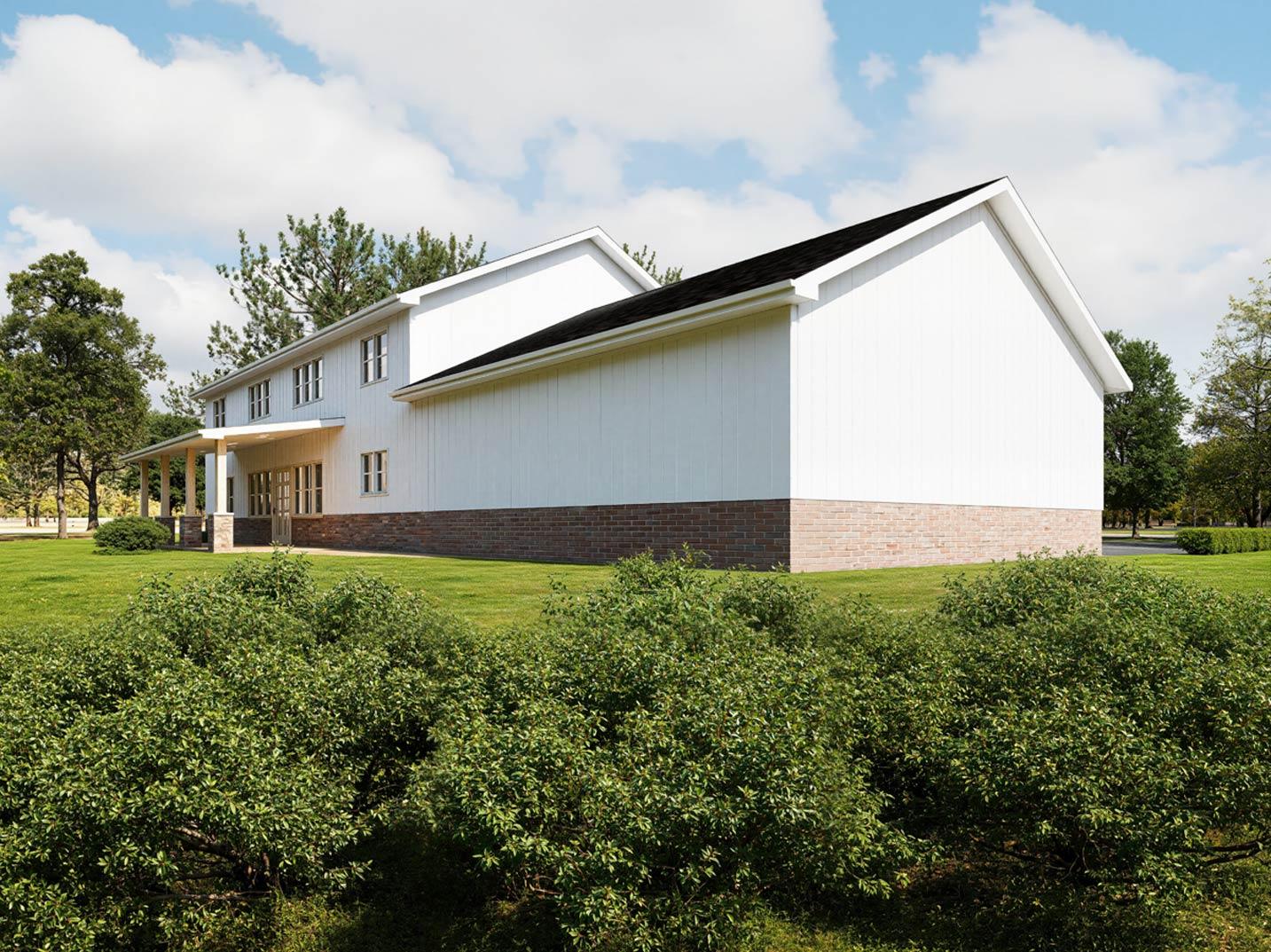 House plan exterior: Two-story white-sided home with a covered porch, brick foundation, and gabled roofline.