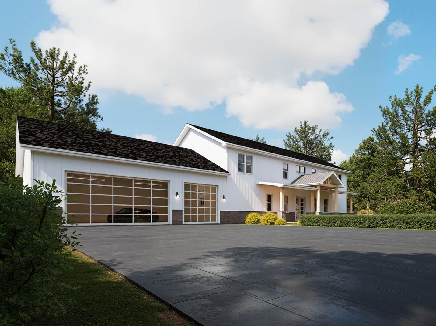 House plan exterior, two stories, white siding, covered front porch, and attached three-car garage with modern glass doors.
