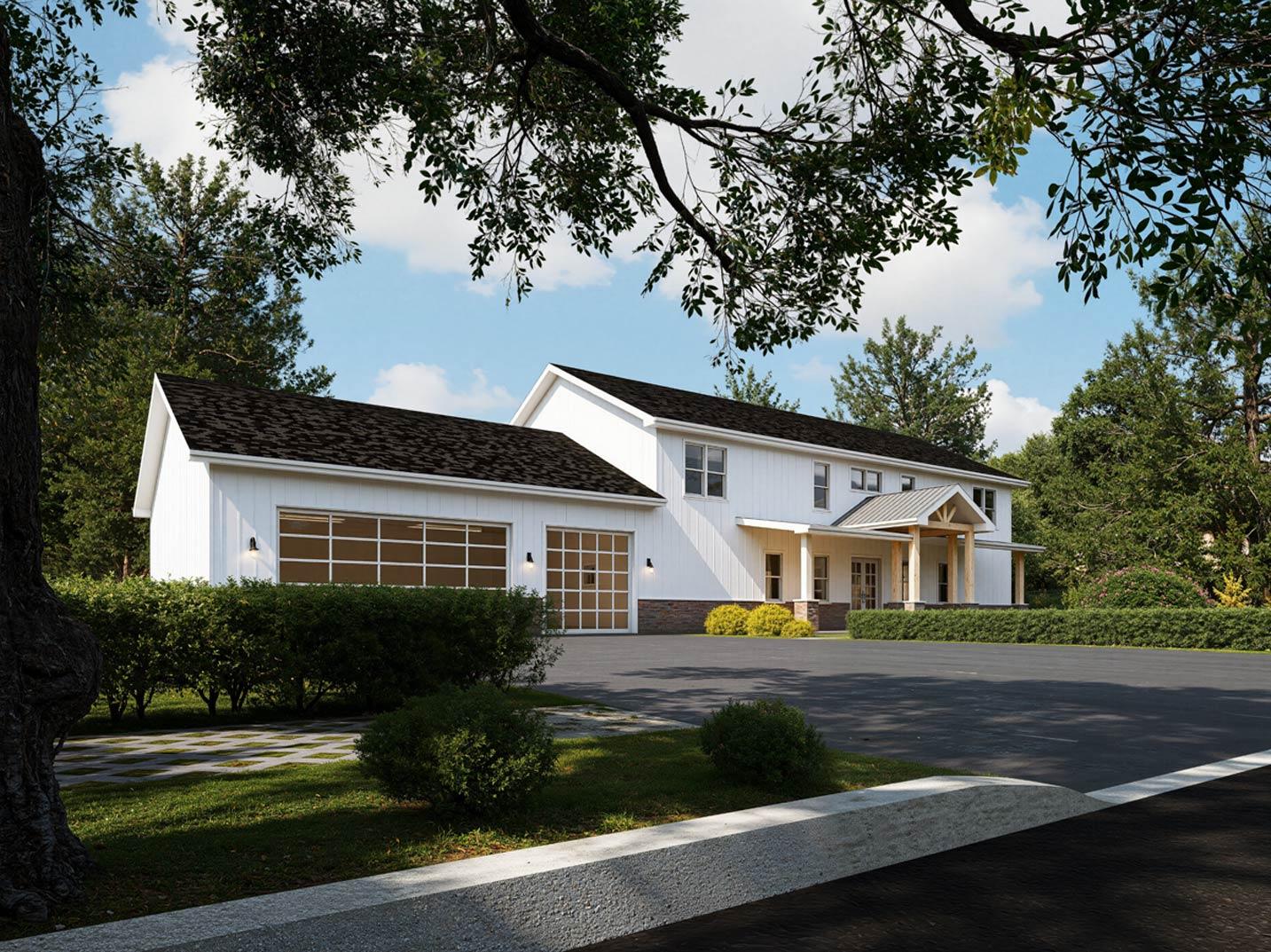 Modern Farmhouse style house plan exterior with two-car garage, covered front porch, and vertical siding.