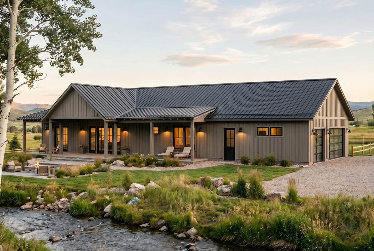 Modern Farmhouse style house plan exterior with a wraparound porch, gabled roof, and a two-car garage with glass doors.