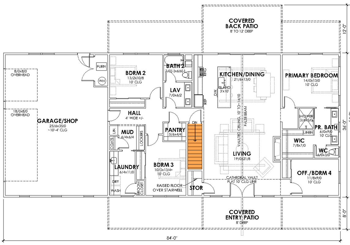 Plan 470318REY: Modern Farmhouse Barndo Plan with Home Office and 3-Car Garage - Floor Plan - Basement Stairs Location - Barndominium, Country, Farmhouse, Modern Farmhouse, Ranch