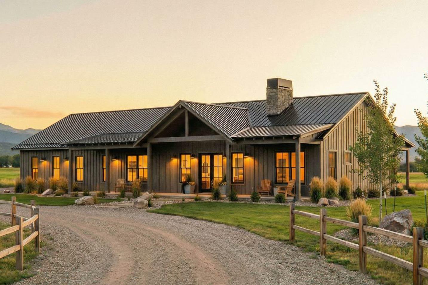 Modern Farmhouse style house plan exterior, one story, with metal roof, board and batten siding, stone chimney, and covered porches.