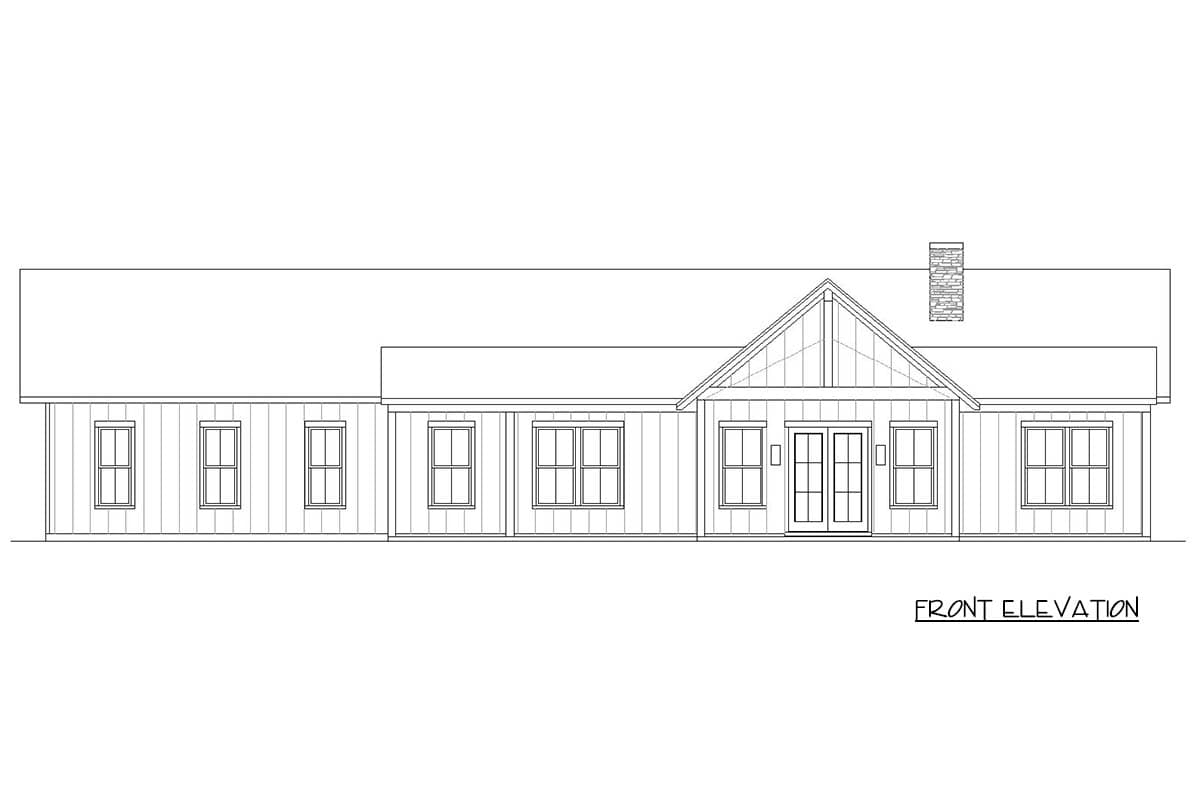 Front elevation drawing of a one-story house plan with double doors, multiple windows, and a stone chimney.