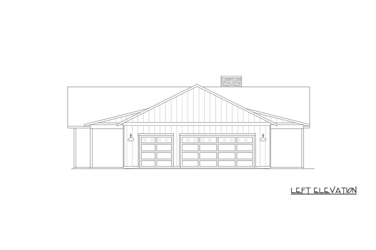 Left elevation house plan showing a side-facing view with a two-car garage and a gabled roofline.