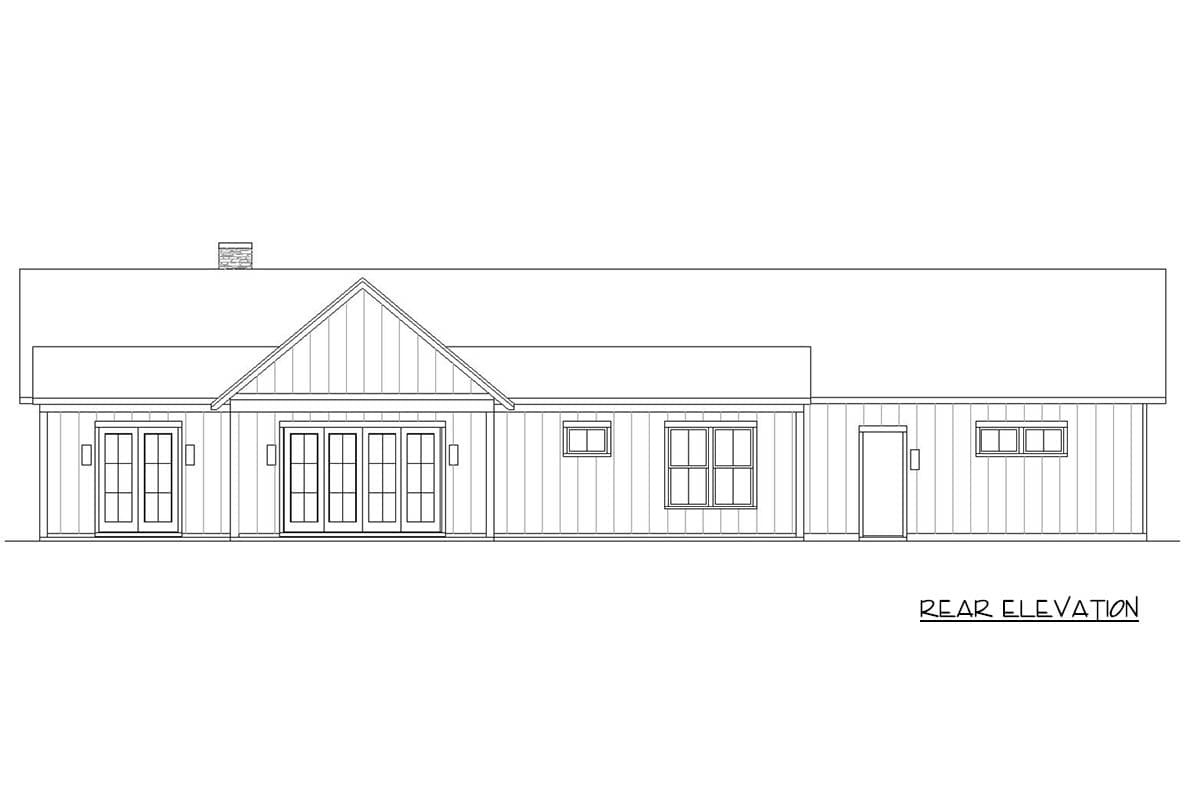 Rear elevation drawing of a single-story house plan with a gable roof, chimney, and multiple French doors and windows.