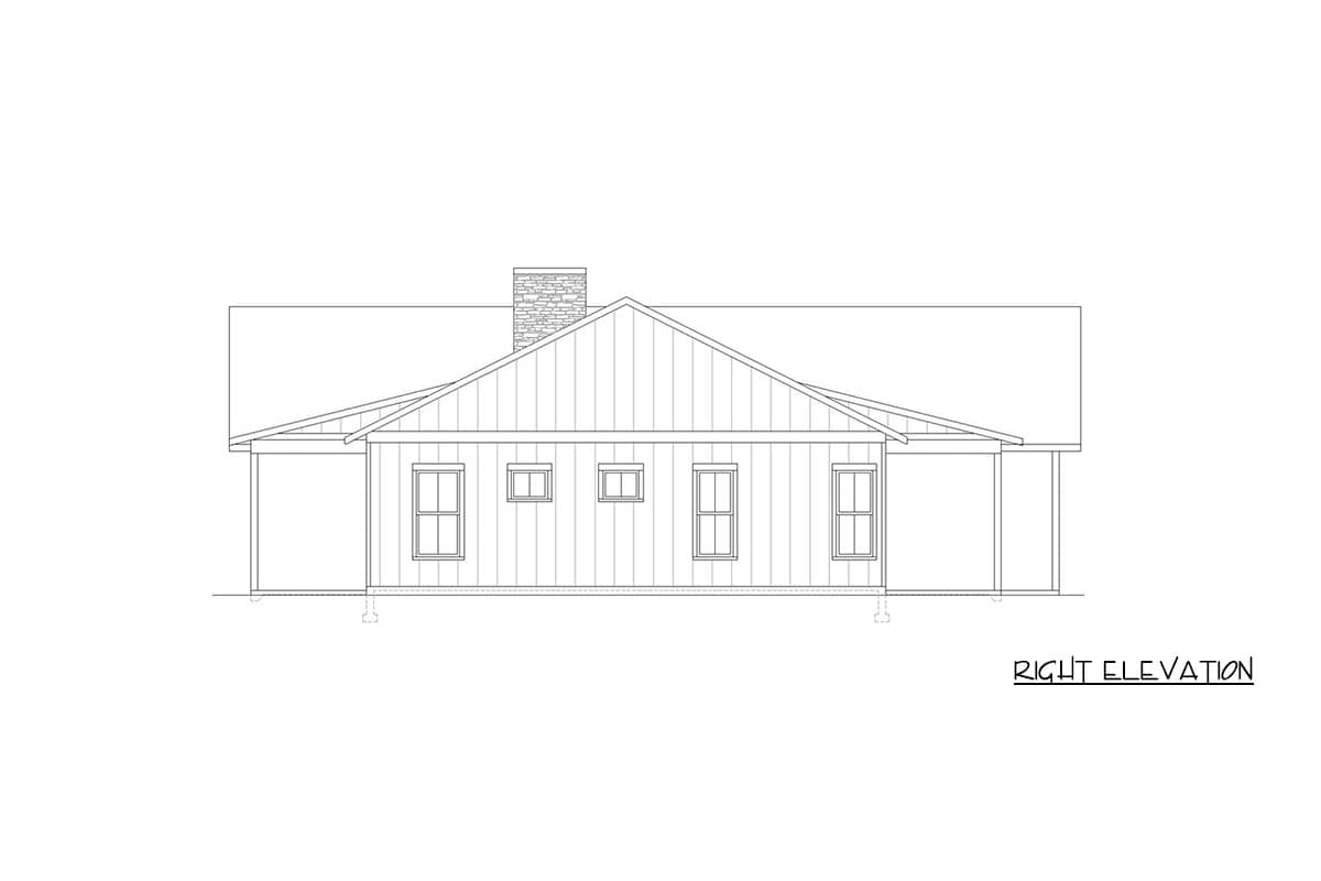 Right elevation drawing of a house plan featuring a gable roof, chimney, and multiple windows.