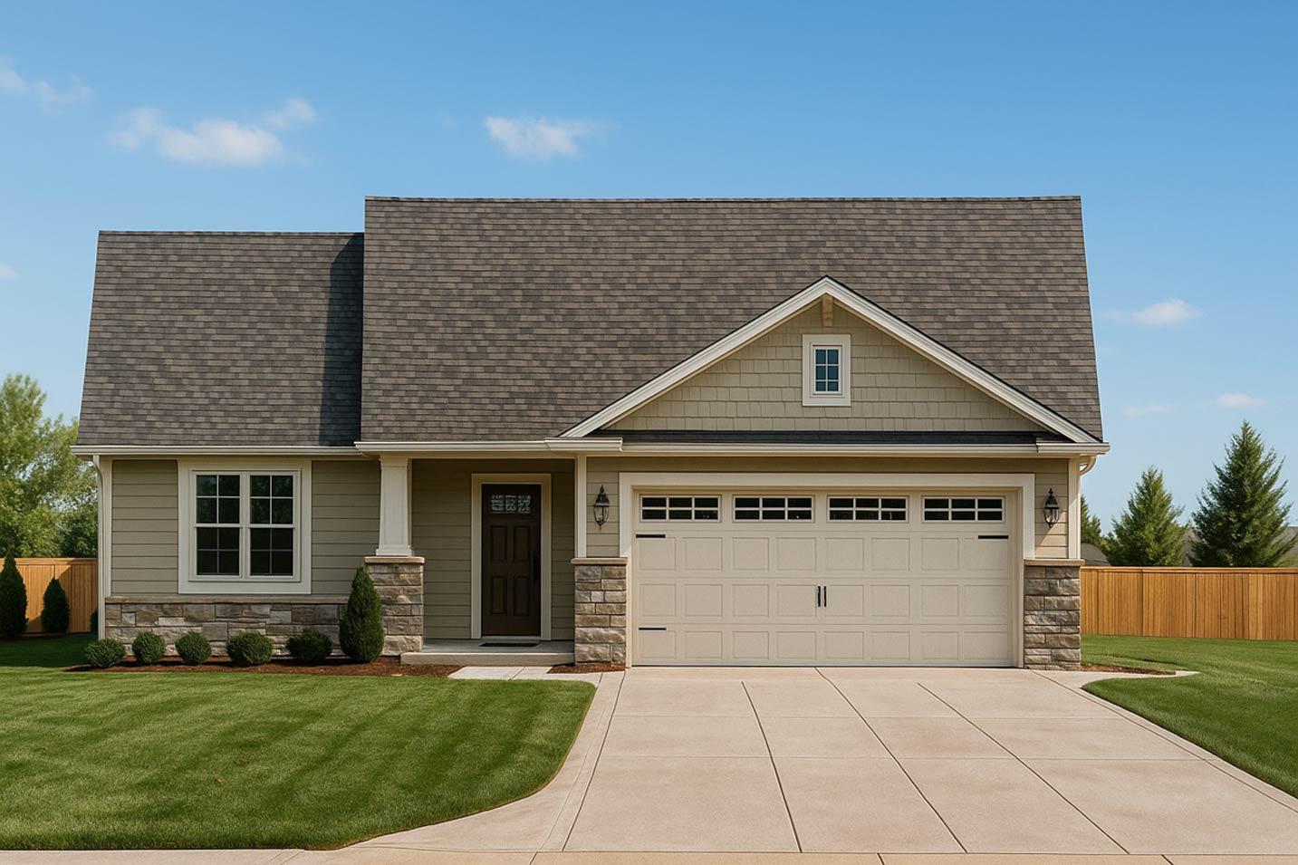 House plan exterior: Single-story Modern Farmhouse with a covered entry porch, stone accents, gable dormer, and a two-car garage.