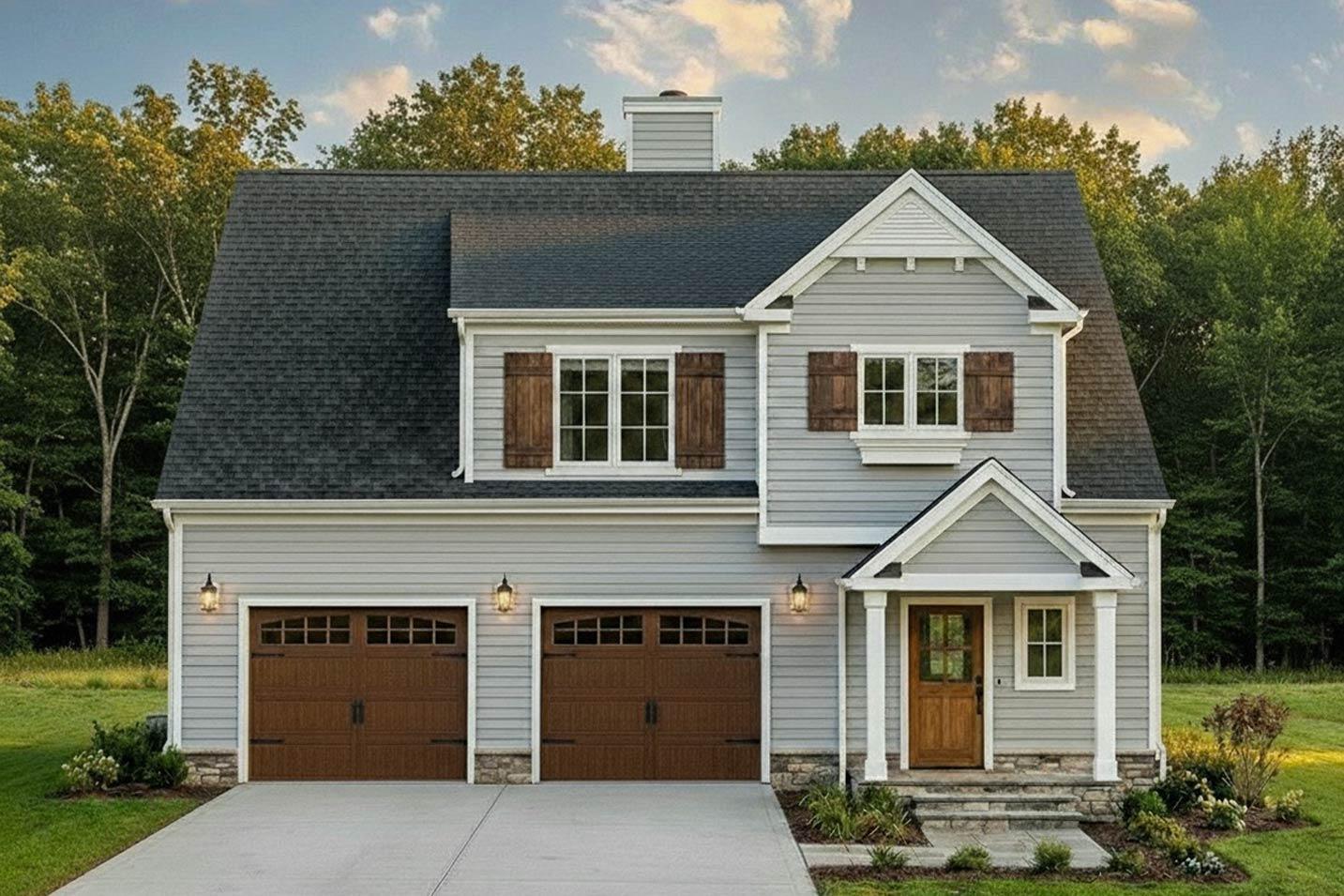 Two-story house plan exterior with two-car garage, gable dormer, and front porch with tapered columns.