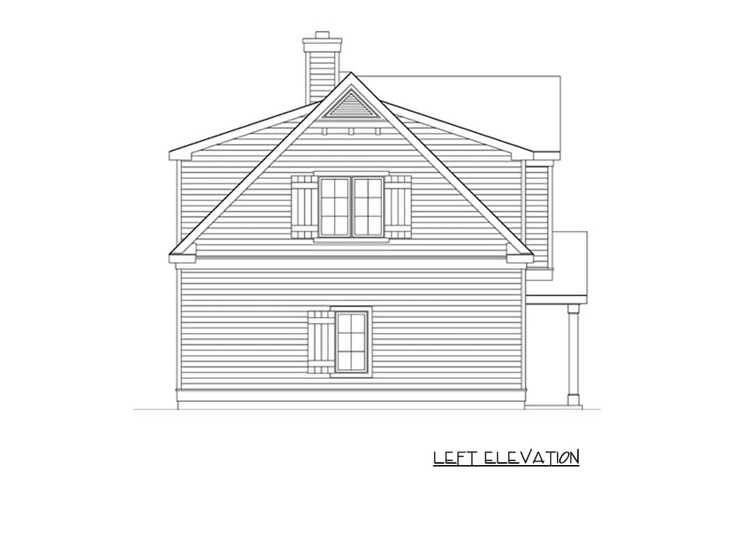 Left elevation house plan drawing showing a two-story home with a gable roof, prominent chimney, and double-hung windows with shutters.