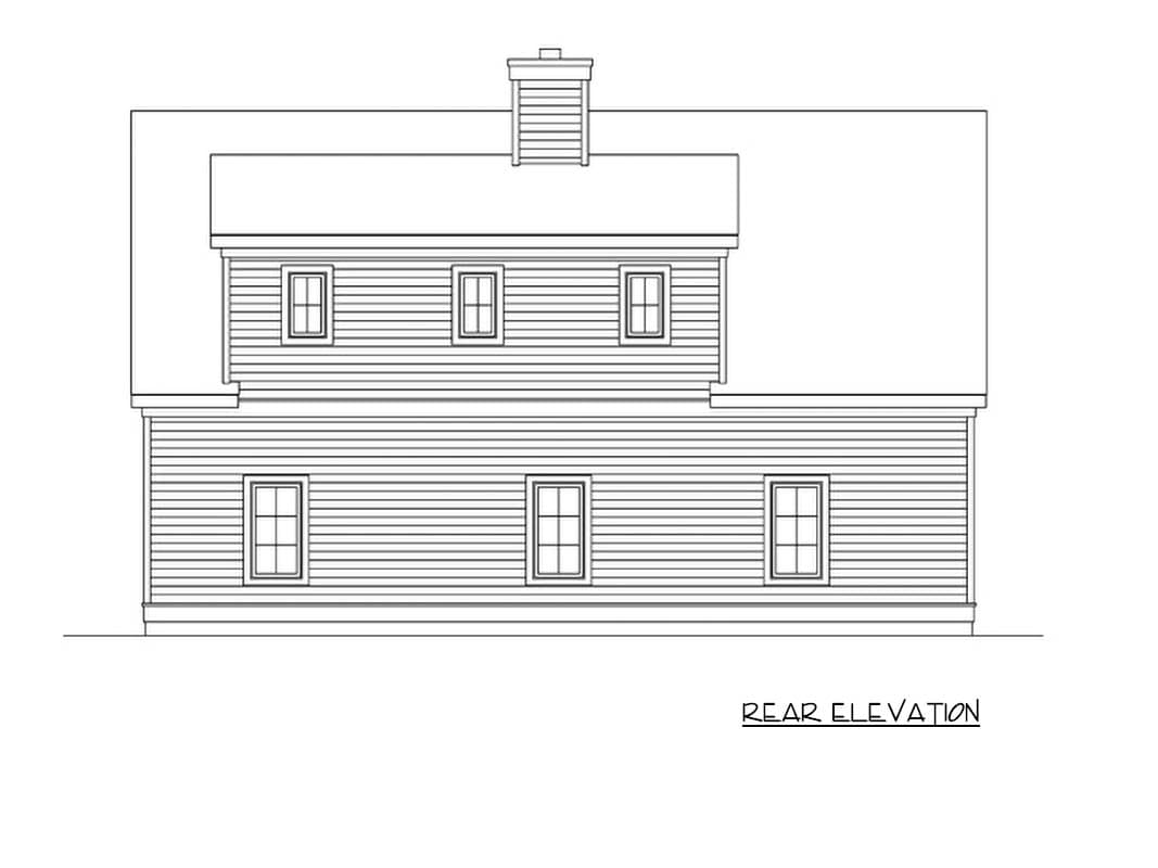 Rear elevation drawing of a two-story house plan with a chimney and six windows.