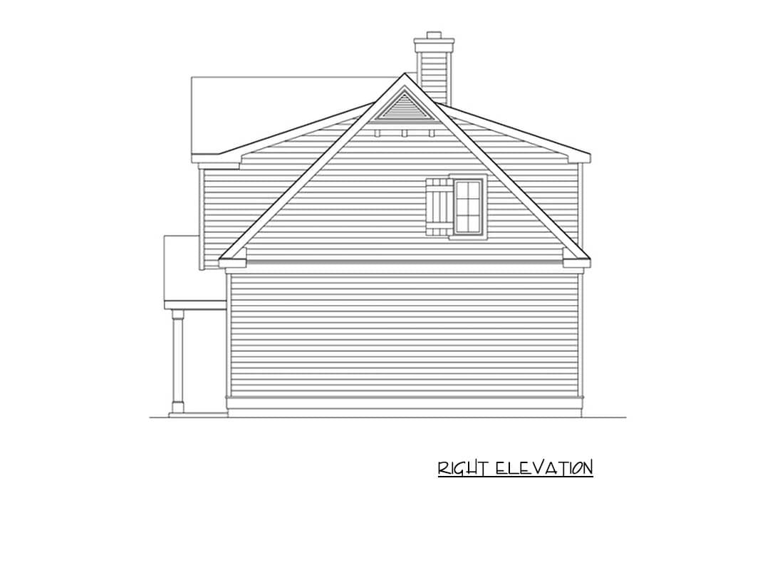 Right elevation drawing of a two-story house plan with lap siding, a prominent gable, and a chimney.