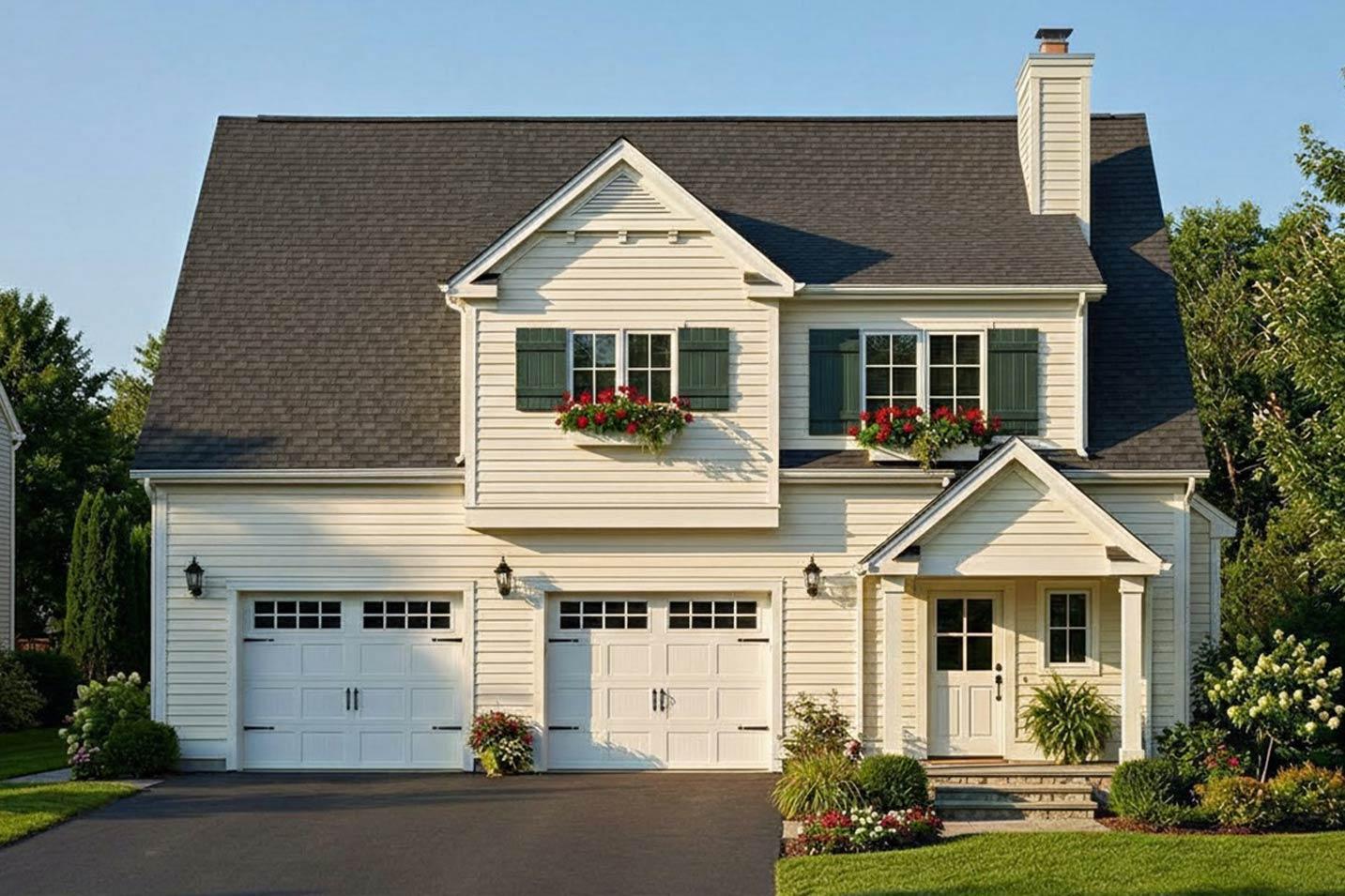 House plan exterior: two-story, light siding, double garage, gable dormer, prominent chimney, and covered entry.
